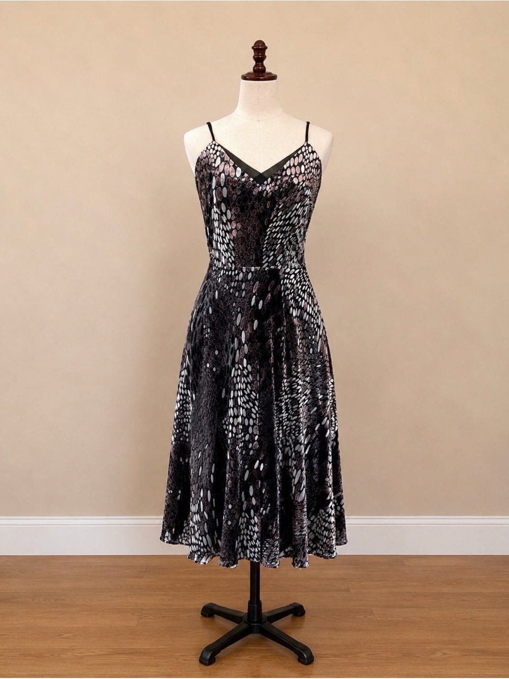 White House Black Market Black & Silver Patterned Velvet Midi Dress